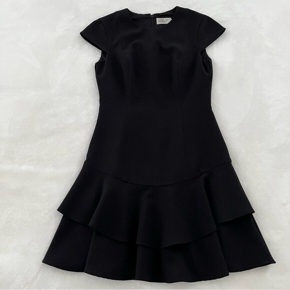 Eliza J Black Cap Sleeve Fit and Flare Tiered Flounce Hem Sheath Dress, Size 2P - Picture 8 of 13